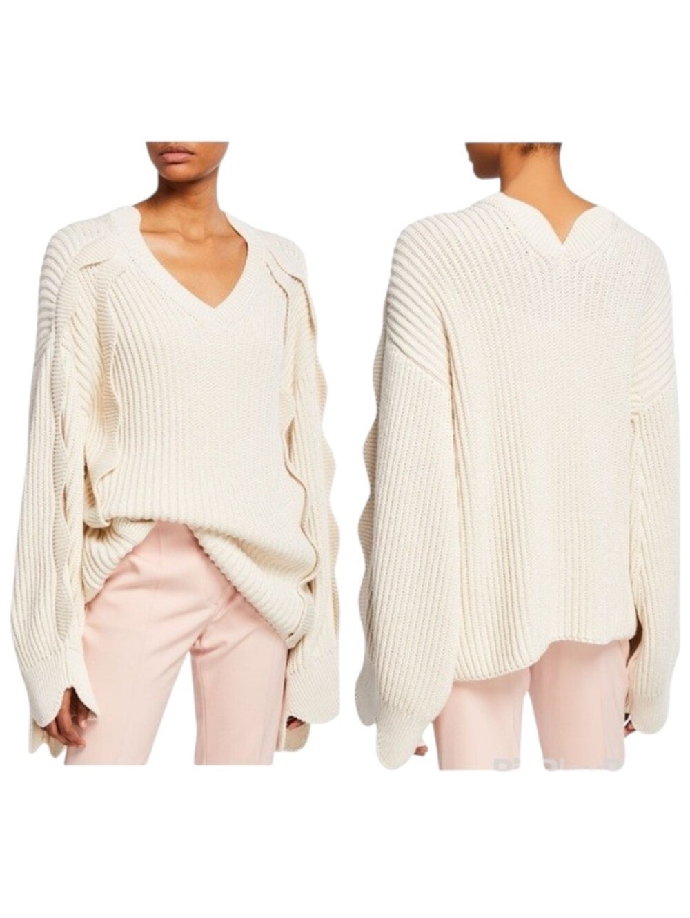 Stella McCartney Cream Scalloped Ribbed V-Neck Heavy Knit Sweater Sz 42 US 6/8